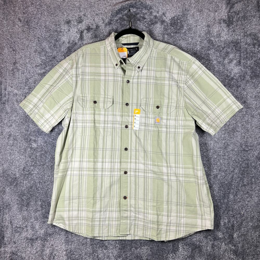 Carhartt Shirt Mens XL Light Green Loose Fit Midweight Short Sleeve Plaid New - Picture 1 of 10